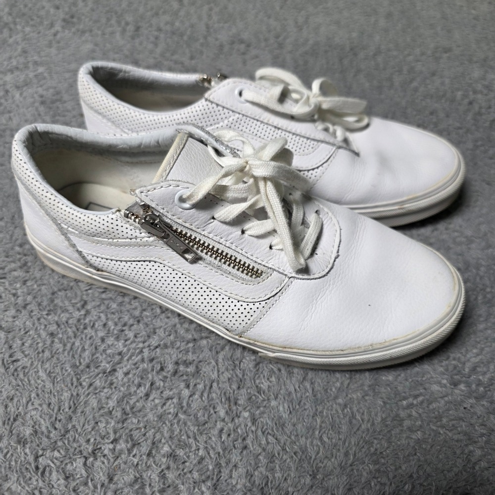 Vans Womens 7 Old Skool Zip Sneakers White Perforated Leather Low Top 721277